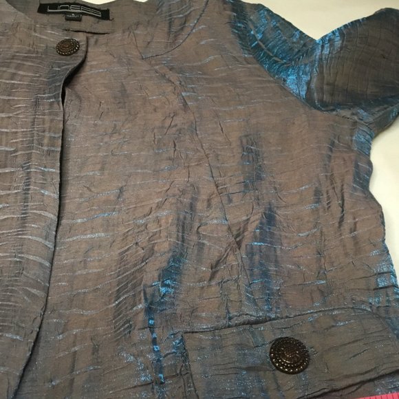 Linear Iridescent Blue Pleated Cropped One Button Jacket Blazer Ladies Small - Picture 8 of 10